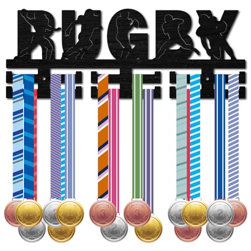CREATCABIN Rugby Medal Holder Sports Medal Hanger Display Ribbons Organizer Black Wood Hanging Athlete Awards Wall Mount Decor over 30+ Medals for Competition Race Medalist Birthday Gift 15.7x5.9 Inch