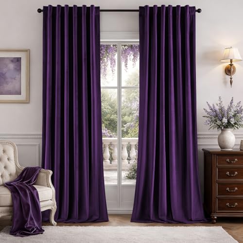 HOMEIDEAS 100% Blackout Purple Velvet Curtains Thermal Noise Reduction Soft Luxury Vintage Christmas Velvet Curtains for Bedroom Decor Living Room Home 52 X 84 Inch 2 Panels