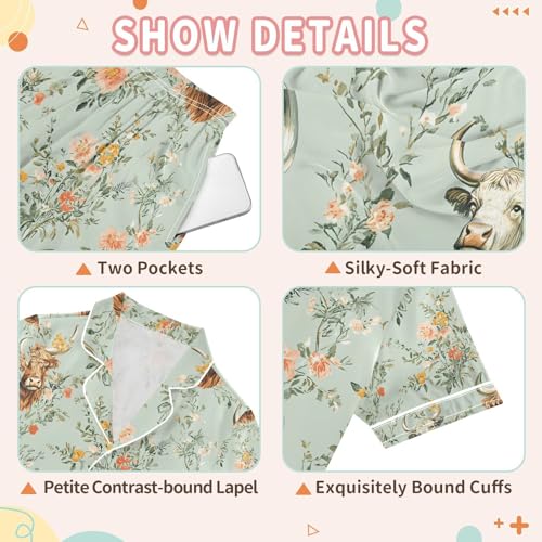 senya Highland Cows Vintage Flower Satin Summer Pajama Sets Silk Short Sleeve Button Down Sleepwear3
