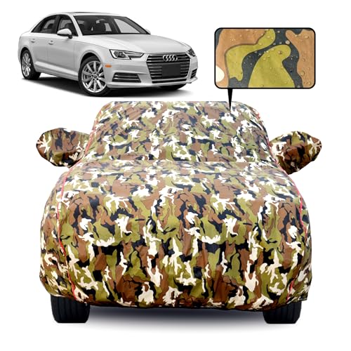 Image of Waterproof Car Body Cover for Audi A4 with Mirror Pocket, Soft Cotton Lining, Triple Stitched, Full Bottom Elastic (Heat Resistant Jungle Print with Red Piping)