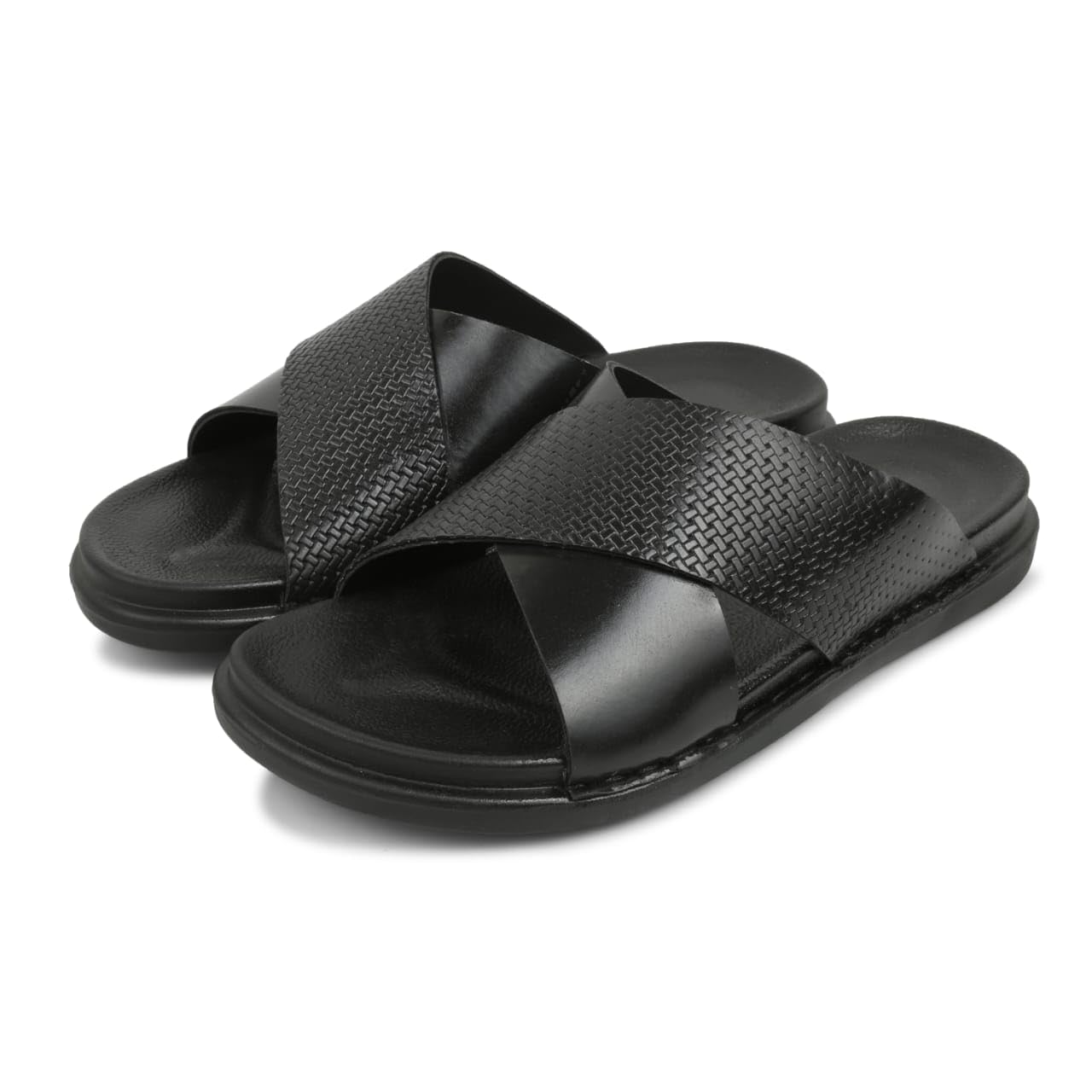 Men's Cross Strap Slip-On Sandals, Black, Textured Comfort Sliders for Casual Daily Wear-picture-28