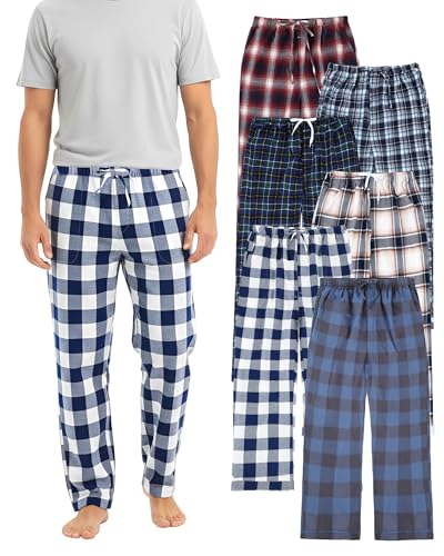 6 Pack Men's Pajama Pants Soft Plaid PJ Pants Flannel Sleepwear Lightweight Lounge Bottoms with Pockets