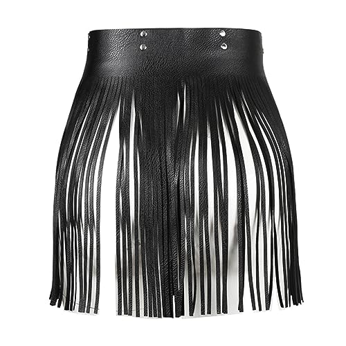 Women's Faux Leather Waistband Fringe Tassel Skirt Hippie Boho High Waist Adjustable Double Waist Belt Skirt Clubwear2