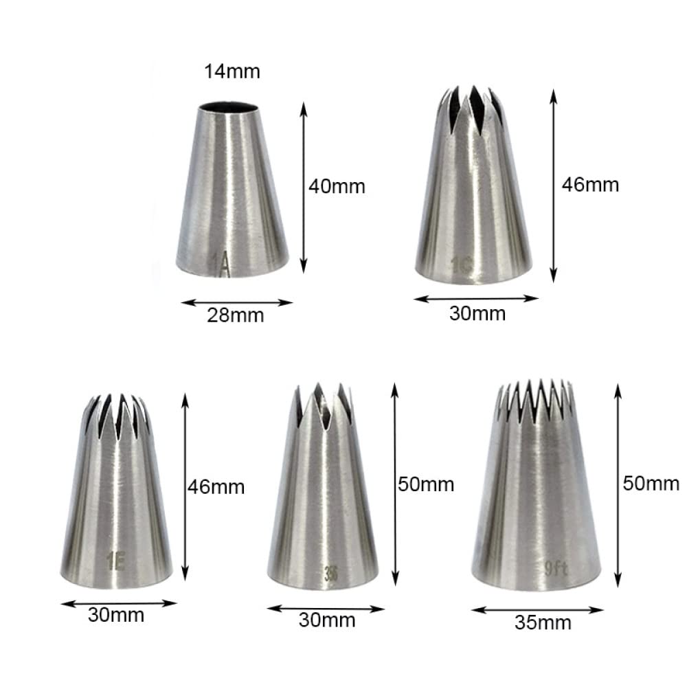 LYVQZPWLRgroße Rohrleitungen, Kuchen-Spritztüllen, Gebäcktüllen, 5-teiliges Set, Cupcake-Papierbecher, Sahnetüllen for Spritzbeutel, Spritzbeutel, Spuitzak-Glasurtüllen