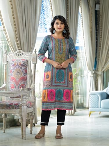 Image of Juniper Blue Floral Printed Liva Rayon Kurta with Beads & Sequins Work