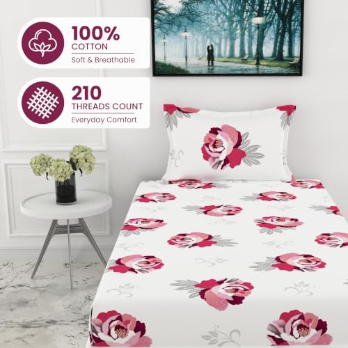 Image of LORETO - A QUALITY LINEN BRAND 210 TC 100% Pure Cotton Single Fitted Bedsheet with 1 Pillow Cover for 78 x 36 Inch Mattress, All-Around Elastic, 8 Inch Deep Pocket, Wine & Pink Floral