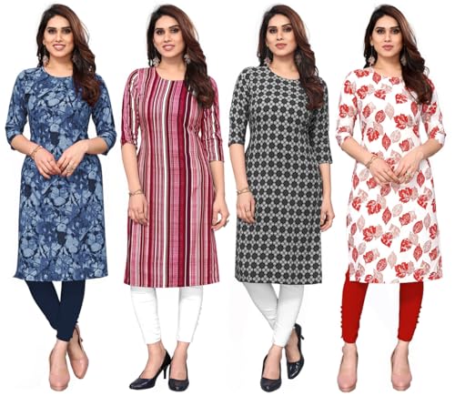 Image of JAKHANA Women's Crepe Printed Casual Straight Calf Length Round Nick Kurta Pack of 4