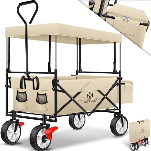 KESSER® Bollerwagen faltbar mit Dach Handwagen Transportkarre Gerätewagen klappbar mit 360° drehbare Vorder-Räder, Vorderrad-Bremse & Vollgummi-Reifen inkl. XXL Außen-Tasche, 2 Netztaschen & Abdeckung
