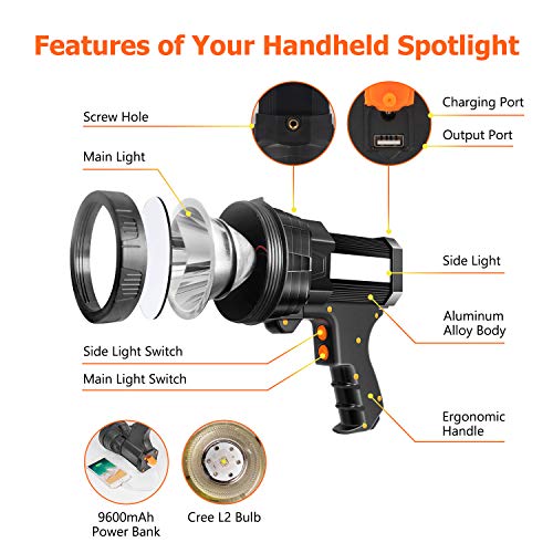 Dangeja Super Bright Spotlight High Lumen Led Flashlight Handheld Rechargeable Spot Light 10000Mah Long Lasting Large Torchlight Searchlight Fishing Hiking Camping Flashlight Usb Output (Black) #TOP3