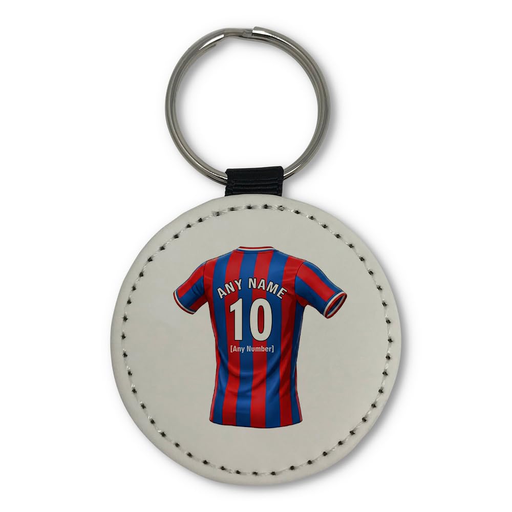 UNIGIFT Personalised Gift - South London Football Fan White Round Keyring (Red and Blue Stripes Jersey Design) Custom Name Keychain - Croydon SE25 Club