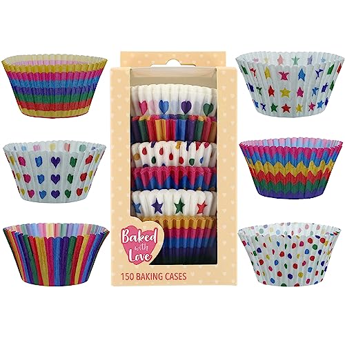 Baked with Love, Rainbow Brights Paper Cupcake Cases, 150 pcs, Greaseproof, Disposable, 50mm x 37mm, Stars, Stripes, Spots, Hearts, Birthdays, Celebrations