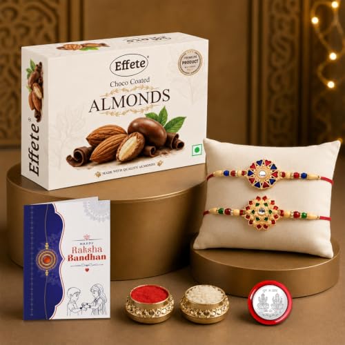 Image of DeoDap Chocolate with Rakhi Set for Brother - Golden & Siler Color Multi Design Rakhi set of 2 with Choco Coated Butterscotch (32 GM), Silver Color Coin & Greeting Card, Raksha Bandhan Combo for Bhai