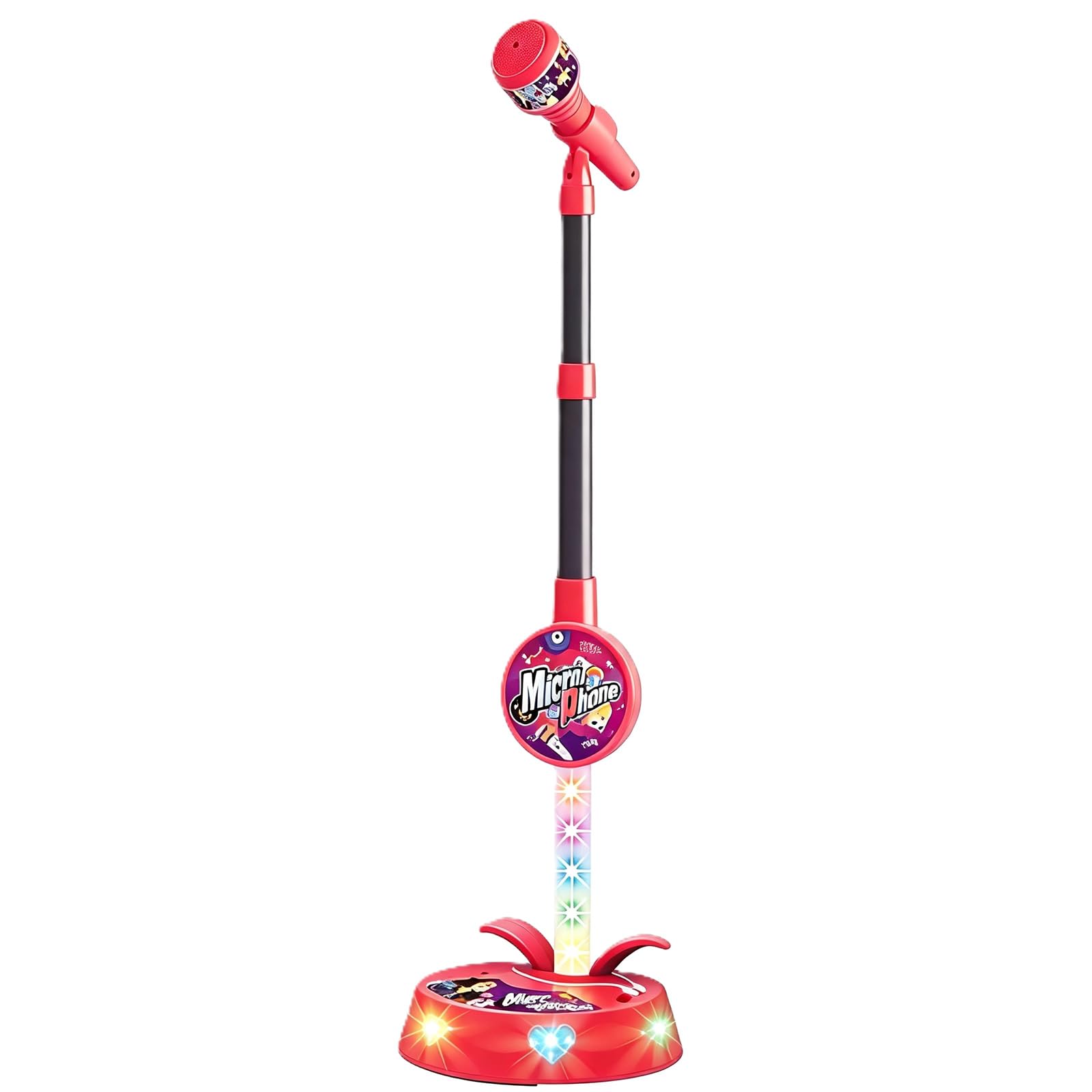 Kids Microphone and Stand, Kids Karaoke Machines with 4 Drum Sound Effects and 12 Songs, Flashing Stage Lights, Compatible with Smartphone and MP3, Musical Gift for Boys and Girls Aged 3–8, Red