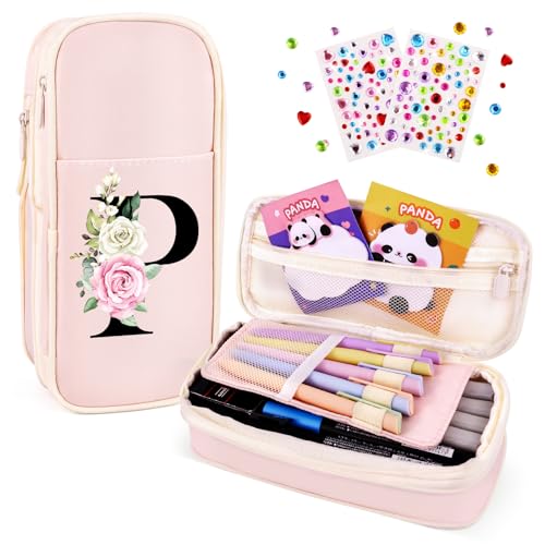 Image of Preppy Pencil Case for Girls, Cute Large Pencil Pouch, Personalized Initial Pencil Bag with Zipper for School College Office Supplies, Back to School Supplies Gifts for Teen Girls (P, Pink)