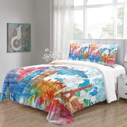 Housse de couette microfibre architecture aquarelle parure de lit 3 pièces imprimée 3D