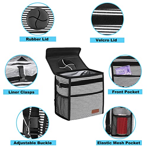 Image of Femuar Leak Proof Car Trash Can With Lid - Waterproof Garbage Bag With Storage Mesh Pocket, Large /Stripe