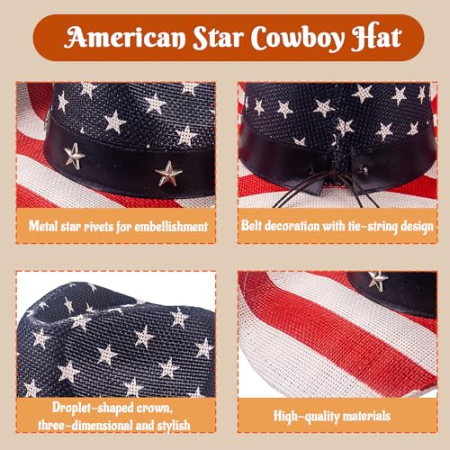 Image of Evankin American Flag Hat, USA Western Cowboy Hat on July 4th | American Flag Hat, 4th of July Patriotic Hat,USA Western Cowboy Hat, Straw Weaving Star,Summer Sunhat for Men and Women