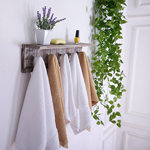 Mygift Wall Mounted Rustic Solid Torched Wood Towel Hanger Hooks And Floating Display Shelf Rack With 5 Hooks #TOP1