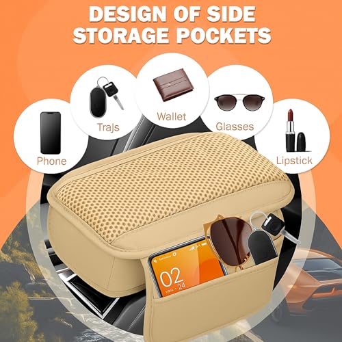 Image of DETACHI Car Center Console Armrest Cover Pad, PU Leather Mesh Armrest Cushion,Universal Fit for SUV /Truck /Car, Console Box Cover With 2 Mobile Pockets, Breathable Mesh Fabric Mat-(Beige, 31X18X2CM)