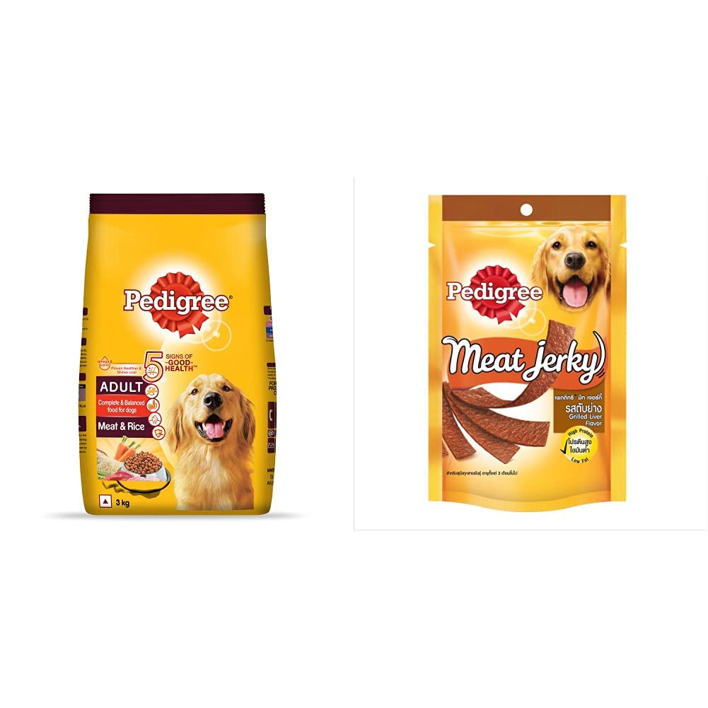 Pedigree Adult Dry Dog Food, Meat & Rice, 3kg Pack & Meat Jerky Adult Dog Treat, Grilled Liver, 80g Pouch (B0927Q3ZJM) Amazon Price History, Amazon Price Tracker