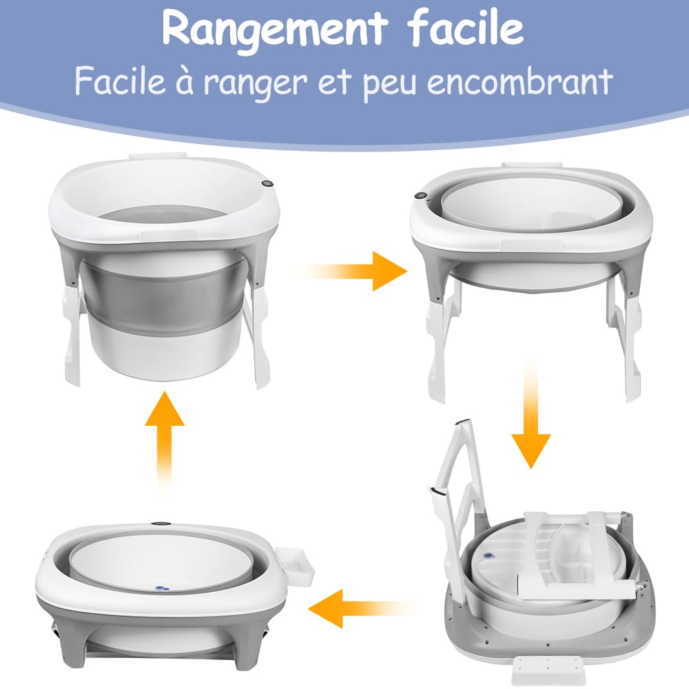 Große faltbare Badewanne für Babys bis 18 kg, XXL-Babydusche, rutschfeste Füße, Ablaufstopfen, Kapazität 200 l (grau, rund, 67 x 67 x 61 cm)