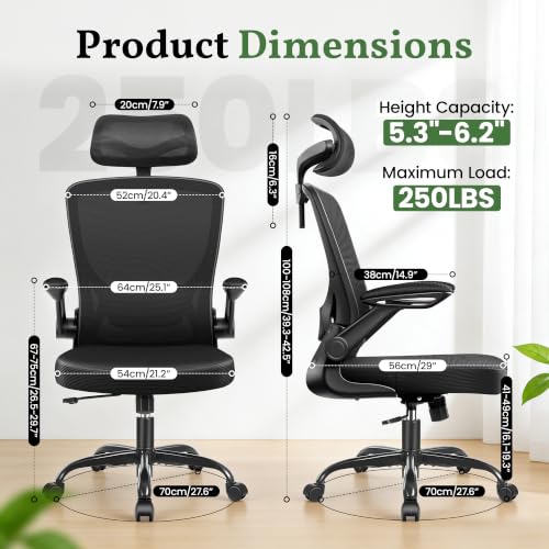 Image of Ergonomic Office Desk Chair, Computer Desk Chair with Adjustable Lumbar Support, FILP-up Arms, Breathable Mesh Home Office Chairs Comfortable for Long Hours, Black