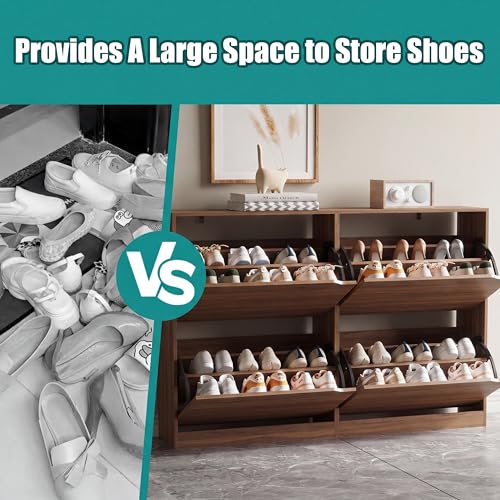 Image of Xixini Shoe Storage Cabinet for Entryway with 4 Flip Drawers, Sturdy Wood Hidden Shoe Storage, Freestanding Narrow Slim Shoe Organizer for Front Door Entrance, Living Room, Hallway, Bedroom, Walnut