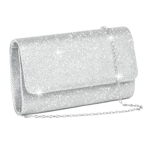 YEWCEP Clutch Silber Glitzer, Elegante Abendtasche Silber für Damen, Handtasche mit Kette, 20 x 10 x 5 cm, Perfekt für Party Hochzeit Date