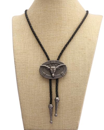 Image of GelConnie Longhorn Bull Bolo Tie for Men Native American Western Cowboy Leather Necktie Bolo Necklace for Women Gold Texas