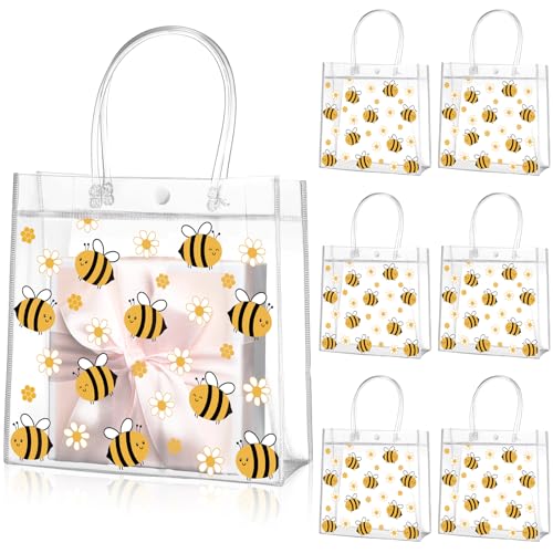 Image of Paterr 20 Pcs Bee Clear Plastic Gift Bags with Handles Bee Party Goodie Treat Bags for Birthday Party Favor Candy Snack Sweet as Can Gender Reveal Decor, 8 x 8 x 3.15 Inch