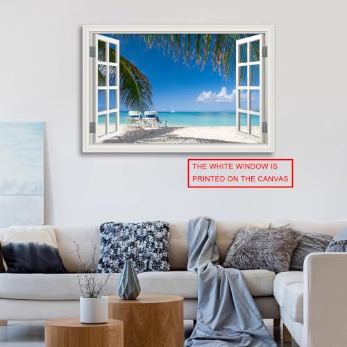 Beach Ocean Wall Art Picture Decor for Living Room - Fake Window Frame Style Canvas Artwork Tropical Palm Tree - Large Blue Coastal Art Print for Bedroom Bathroom Home Office Decoration 32x48inch by DONGYOUJI - Image 6