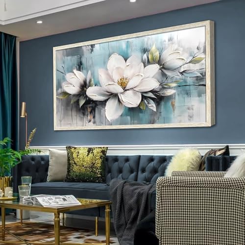 Ardemy Magnolia Wall Art Framed Canvas Wall Decor Living Room, White Floral Picture Wall Decor Teal Painting Flower Textured Artwork for Bedroom Dining Room Home Office 40"x20" - Image 3