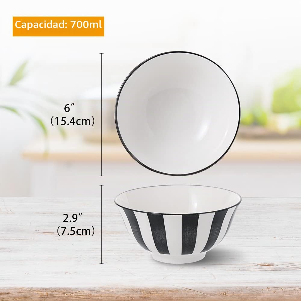 Cuencos Desayuno Bol Sopa Ceramica - Juego de Tazones de Cereales Ensalada de 700 ml en Porcelana - 6 Boles de Japones en Negro y Blanco - Set Cuenco Ramen para Arroz | Consome | Gazpacho - 15,7 cm