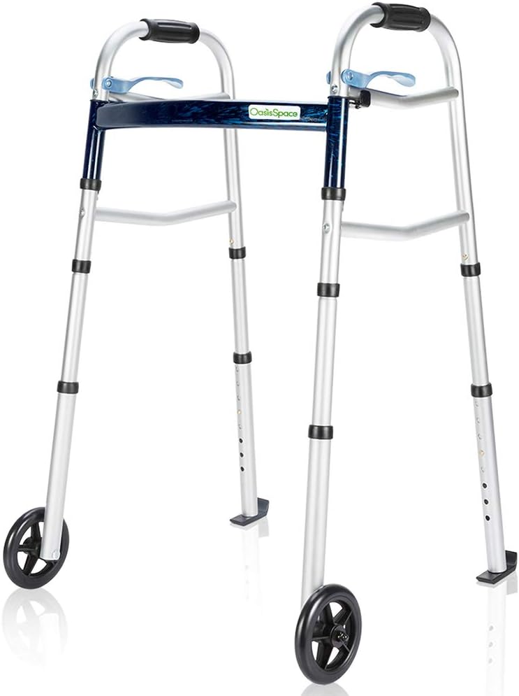 OasisSpace Compact Folding Walker, with Trigger Release and 5 Inches Wheels for The Seniors [Accessories Included] Narrow Lightweight Supports up to 350 lb