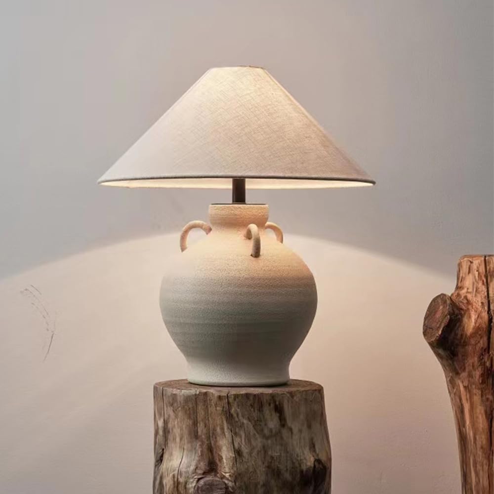 SANBDDLYY Mid Century White Ceramic Table Lamp - Vintage Farmhouse Nightstand for Living Room & Bedroom, Soft Light Linen Shade, Easy Assembly, UL Certified