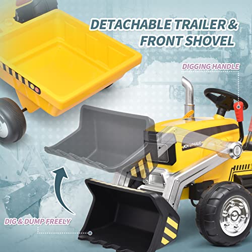 Joywhale 12V Kids Ride on Tractor Electric Excavator Battery Powered Motorized Car for Kids Ages 3-6, with Front Loader, Digging Handle, Detachable Trailer, Remote Control, & Bright Headlight, Yellow