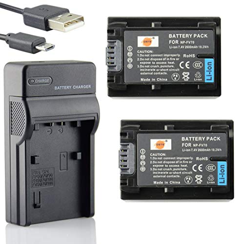 DSTE NP FV70 Li Ion   Batería (2 Pack) y Cargador USB para Sony SR15, SR21, SR68, SR88, SX15, SX21, SX45, SX63, SX65, SX83, SX85
