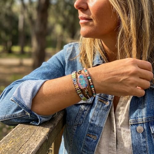 Image of YGLINE Boho Handmade Natural Stone Wrap Bracelets Jasper Crystal Beads Bracelet Jewelry