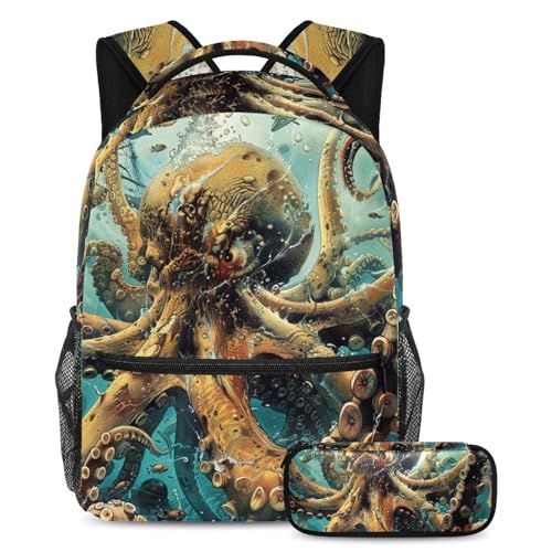 Sac à dos monstre pieuvre des mers profondes avec sa trousse assortie pour élèves