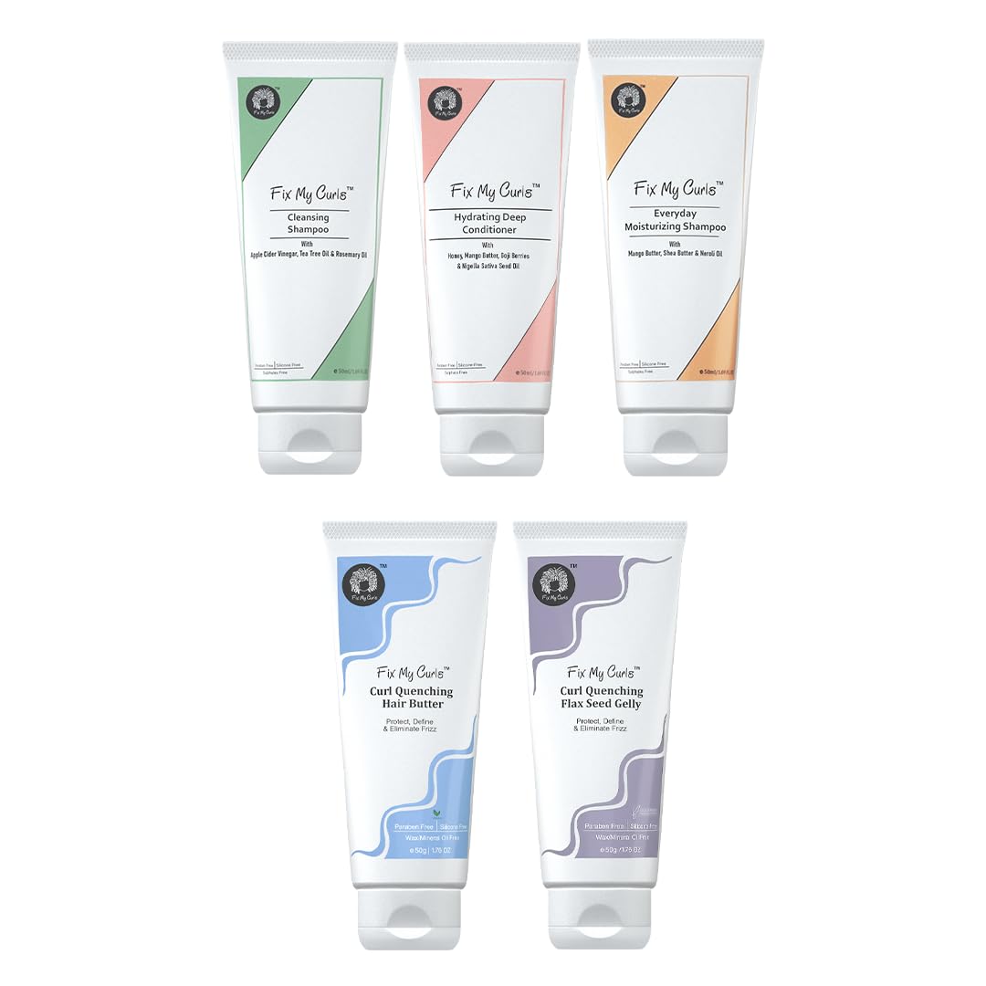 FIX MY CURLS Travel Size 5 Steps Moisture Pack with Cleansing Shampoo, Everyday Moisturizing Shampoo, Hydrating Deep Conditioner, Flax Seed Gelly And Hair Butter For Curly And Wavy Hair 1.76 Oz Each