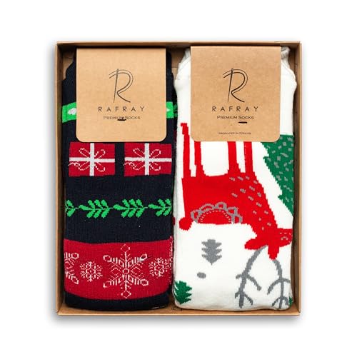 Image of RAFRAY Women's Christmas Socks - Cozy Calf-Length Winter Socks with Snowman & Reindeer - Gift Box - 2 Pairs - Size 5-9.5