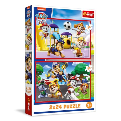 Trefl   Puzle 2en1: Paw Patrol, Día de Juegos de los Perros   Puzle 2en1: Marvel, Spidey y los Dinosaurios   2 x 24 Piezas, Set de Dos puzles para niños a Partir de 3 años