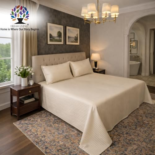 Image of Dream Living Stripe King Bedsheet with 2 Pillow Covers | 120 GSM | 275x275 Cm | Beige