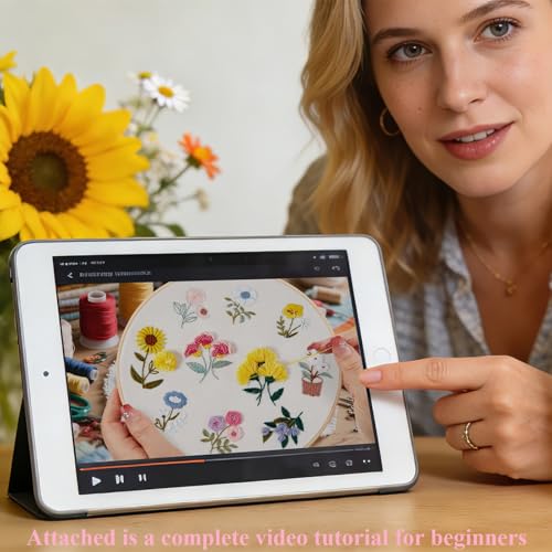 Image of Embroidery Kit for Beginners Adults, Cute Flowers Embroidery Starter Kits, Floral Stamped Cross Stitch Kits for Beginner Adults Craft Kits for Women, Entire Set of Embroidery Supplies & Video Tutorial