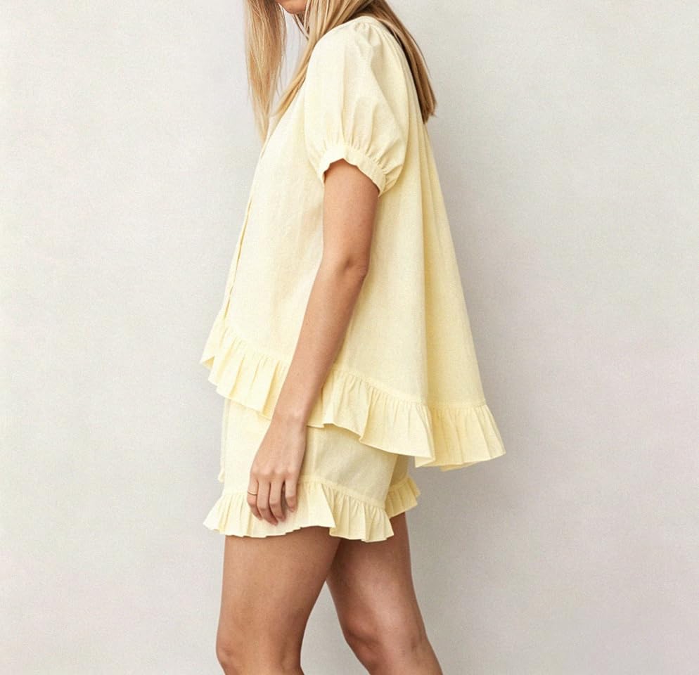 Image of Womens Ruffle Pajama Set Short Sleeve Button Down Top and Shorts | Cotton Ruffle Pajamas Set, Ruffle Shorts Set Women, 2 Piece Shorts Set for Women
