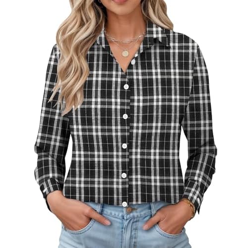 LOMON Womens Long Sleeve Button Down Shirts Casual Loose Fit Cotton Collared Blouses Black and White Large Plaid (Flannel) XX-Large