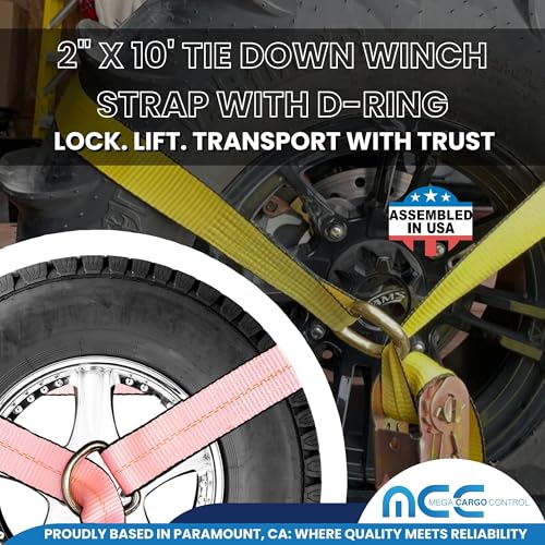 Image of Mega Cargo Control 2 inch x 10' D-Ring Lasso Strap & Recovery Auto Tie Down for Wheel Lift, Trailer, Tow Truck (4 - Pack)