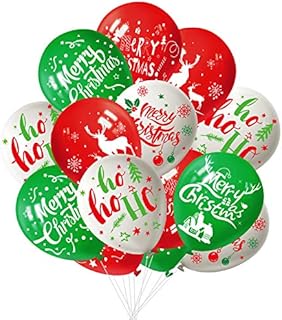 FEPITO 50Pcs Christmas Party Balloon 12 Inch White Red and Green Latex Christmas Balloons, 6 Merry Xmas Style for Christmas Decoration Party Supplies