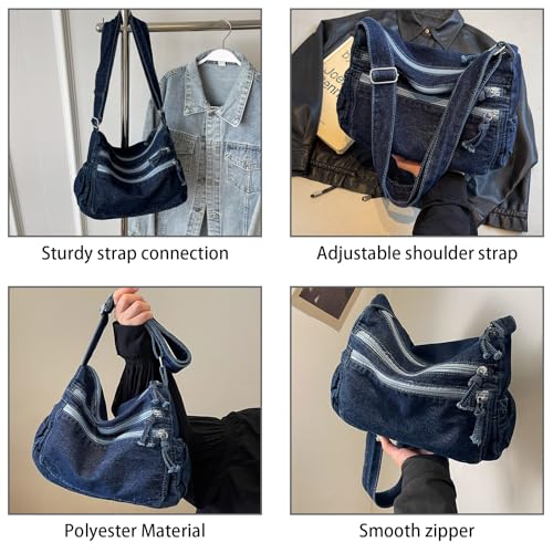 Image of Large Denim Purses for Women Denim Tote Bag Casual Retro Crossbody Lightweight Shoulder Bag Canvas Handbags