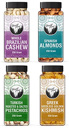 Forest Found Dry Fruits Combo Pack 1kg (250g x 4) | California Almonds, Whole Cashews, Roasted Pistachios & Golden Raisins | Healthy Mixed Nuts & Berries - Assorted Dry Fruit Gift Box - Badam, Kaju, Pista, Kishmish